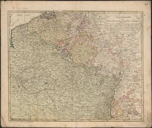 Kriegsschauplatz oder Graenzkarte zwischen Deutschland u. Frankreich : Enthaltend: Die Oestreichische Niederlanden, das Bisthum Lüttich, Chur Cöln, Thrier, Maynz, u. Pfaltz, Ober und Chur Rhein, einen theil von Fränkischen, u. Schwäbischen Kreis von Westphalen, Hessen, Cassel, Darmstadt u. Zweybrüken, nebst Breisgau, das Französische Flandern, Henegau, Artois,...