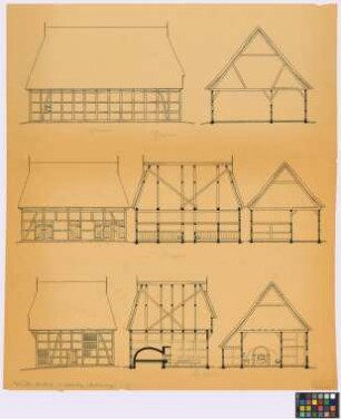 Sülsdorf (Kreis Schönberg): Hof Wiencke. - Scheune (Seiten-Ansicht, Querschnitt). - Schafstall (Seiten-Ansicht, Längsschnitt, Querschnitt). - Backhaus (Seiten-Ansicht, Längsschnitt, Querschnitt)