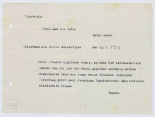 Schreiben von Walter Simons an Prinz Max von Baden; Meinung zu dem Vorschlag Hans Delbrücks bzgl. eines öffentlichen Disputs zur Schuldfrage