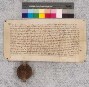 Heinrich von Hessel (Hasela), Bürger zu Salzungen (Saltz-), seine Frau Kunigunde, Kunigundes Kinder Johann Kuchin und Elisabeth Wentzelin, der Schüler Johann Wentzel und deren Erben verkaufen an Äbtissin und Konvent des Klosters Allendorf (Aldin-) für erhaltene 10 Pfund Heller ein Pfund Heller jährlichen Zins auf ein Viertel einer Sole im oberen Salzbrunnen zu Salzungen, das jetzt Dietrich (Dietzel) Schrimph ihretwegen innehat. Schrimph oder der Inhaber sollen in dem an Weihnachten beginnenden Jahr dem Kloster den Zins noch nicht zahlen, danach aber je 10 Schillinge an Walpurgis [1. Mai] und an Michaelis [29. Sept.]. Die Aussteller geloben Währschaft nach Landesrecht und bitten um Besiegelung mit dem Stadtsiegel. Die Bürgermeister Konrad von Waltershausen (Waltirshn.) und Konrad Kelre bekunden, dieses Siegel mit Wissen der Schöffen angehangen zu haben. Zeugen: Berthold von Kranlucken (Cralock) und Hertnid von Leimbach (Leym-), Burgmannen zu Salzungen, Heinrich Schenkel, Albrecht Stichling, Nikolaus von Fulda (Fuld), Ludwig (Lutz) Reinhard und andere.