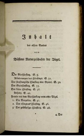 Inhalt des eilften Bandes von Buffons Naturgeschichte der Vögel.