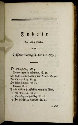 Inhalt des eilften Bandes von Buffons Naturgeschichte der Vögel.