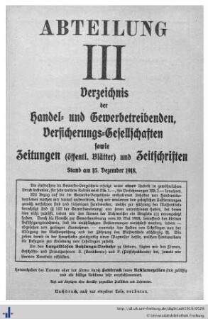 Abteilung III. Verzeichnis der Handel- und Gewerbetreibenden, sowie andere Berufsarten. Versicherungsgesellschaften. Zeitungen und Zeitschriften.