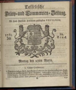 12. Stueck, Montag den 23ten Martii 1761