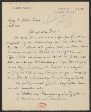Brief an B. Schott's Söhne : 01.05.1922