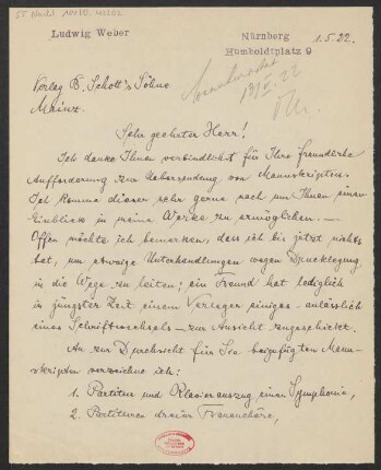 Brief an B. Schott's Söhne : 01.05.1922