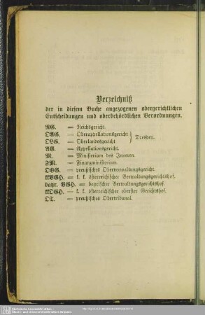 Verzeichniß der in diesem Buche angezogenen obergerichtlichen Entscheidungen und oberbehördlichen Verordnungen