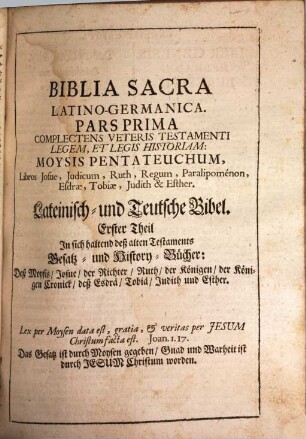 Biblia Sacra Vulgatae Editionis, 1. [Complectens Veteris Testamenti Legem, Et Legis Historiam: Moysis Pentateuchum, Libros Josue, Judicum, Ruth, Regum, Paralipomenon, Esdrae, Tobiae, Judith & Esther]
