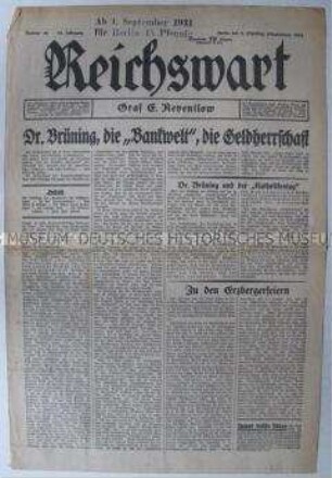 Nationalistische Wochenzeitung "Reichswart" über das Verhältnis von Reichskanzler Brüning zur Finanzwelt