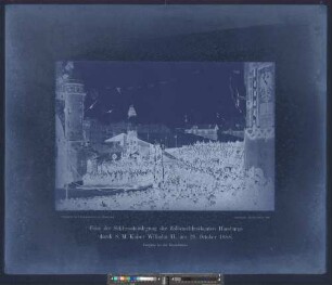 Festplatz bei der Brooksbrücke : Feier der Schlusssteinlegung der Zollanschlussbauten Hamburgs durch S. M. Kaiser Wilhelm II., am 29. October 1888 : Aufgenommen, Hamburg, October 1888