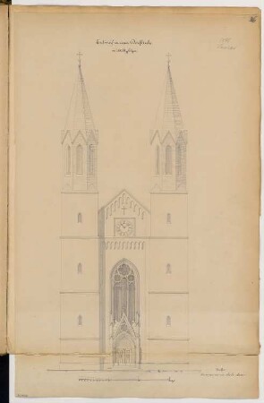 Dorfkirche mit 300 Sitzplätzen Monatskonkurrenz Januar 1865: Aufriss Turm- und Eingangsansicht; Maßstabsleiste
