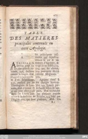 Tables Des Matieres principlaes contenuës en cette Apologie.