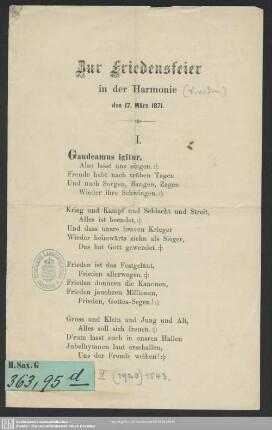 Zur Friedensfeier in der Harmonie : den 17. März 1871; [Gedicht]
