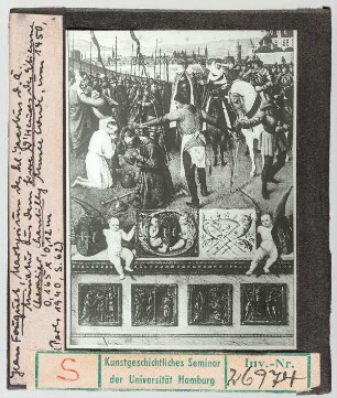 Jean Fouquet: Heures d'Etienne Chevalier: MArtyrium des Heiligen Jakobus d. Ä.. Chantilly, Musée Condé. Um 1450