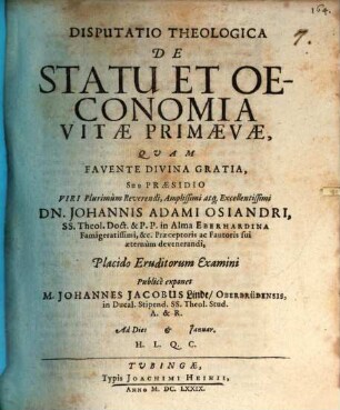 Disp. theol. de statu et oeconomia vitae primaevae