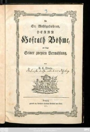 An Sr. Wohlgebohren, Herrn Hofrath Böhme, am Tage Seiner zweyten Vermählung