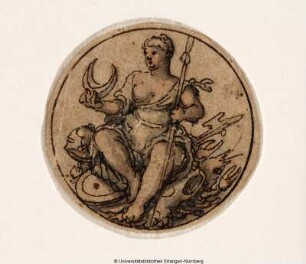 Luna, mit Mondsichel und Lanze, auf einem Krebs und Trophäen sitzend
