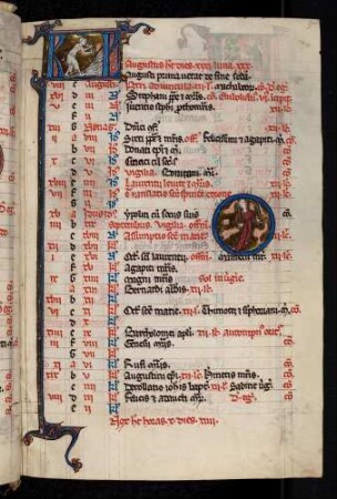 Kalendar, Monat August: Kalendartafel mit Abfolge der Goldenen Zahl, Sonntagsbuchstabe, Römischer Kalender und Gedenktagen. Zierinitiale: KL (Kalendae), Monatsbild: Flegeldreschen, Sternbild: Jungfrau