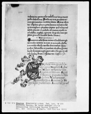 Sammelhandschrift mit Hrabanus Maurus, De laudibus Sanctae Crucis und der Defensorium inviolagae Beatae Virginis — Initiale E, Folio 49 verso