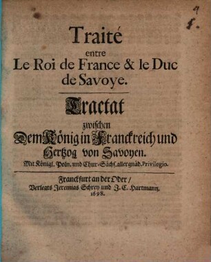 Traité entre le Roi de France et le Duc de Savoye : Conclu à Turin