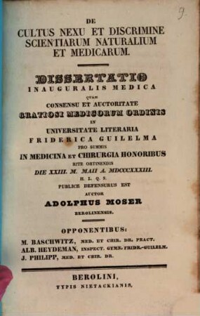 De cultus nexu et discrimine scientiarum naturalium et medicarum : Diss. inaug. med.