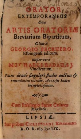 Orator Extemporaneus Sive Artis Oratoriae Breviarium Bipartitum