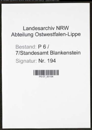 Heiratsregister Standesamt Blankenstein/Ruhr