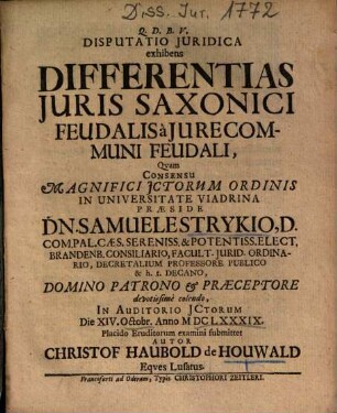 Disputatio Juridica exhibens Differentias Juris Saxonici Feudalis a Jure Communi Feudali