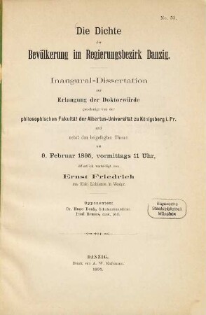 Die Dichte der Bevölkerung im Regierungsbezirk Danzig