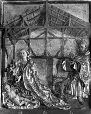 Flügelaltar : Flügelaltar. Holz, geschnitzt, gefaßt (um 1490). Flügel mit Geburt Christi. Sulzberg (Kreis Oberallgäu), Pfarrkirche Sankt Trinitatis, Seitenkapelle