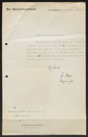 Brief von ... Meyer von Ober Salzbrunn / Bürgermeister an Gerhart Hauptmann