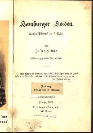 Hamburger Leiden : localer Schwank in 5 Akten