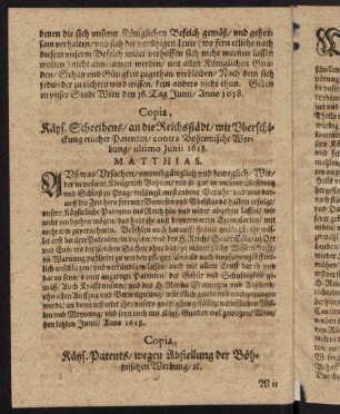 C1v, Copia, Kayserlichen Schreibens an die Reichsstädt mit Überschickung etlicher Patenten contra Böheimische Werbung ultimo Juni 1618.