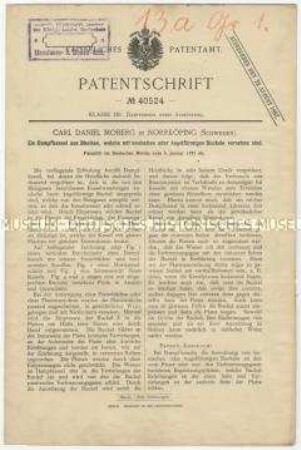 Patentschrift eines Dampfkessels aus Blechen, welche mit konischen oder kugelförmigen Buckeln versehen sind, Patent-Nr. 40524