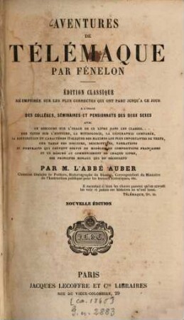 Aventures de Télémaque : à l'usage des collèges, séminaires et pensionnats des deux sexes