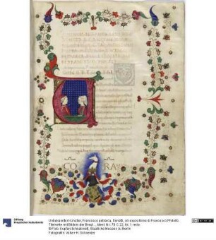 Francesco petrarca, Sonetti, col expositione di Francesco Philelfo. Titelseite mit Bildnis der Brautleute Corrado da Fogliano und Gabriella Gonzaga