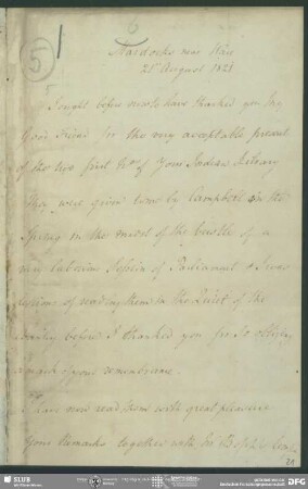 Eigenh. Brief von James Mackintosh an August Wilhelm von Schlegel, Mardocks, 21.08.1821