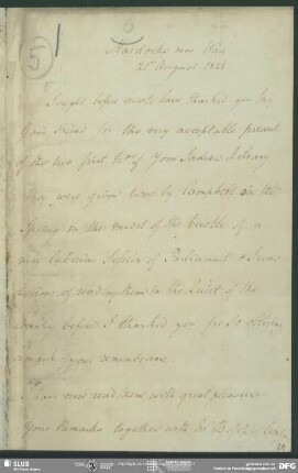 Eigenh. Brief von James Mackintosh an August Wilhelm von Schlegel, Mardocks, 21.08.1821