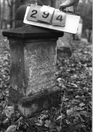 Grabstein 294 (Index: 99752256) Material: Sandstein Zustand: stark verwittert mit großem Textverlust Maße HxBxT: 56x27x19 cm Beschreibung: Stele, Sockel, obeliskenartiger Abschluß: Grabstein 294