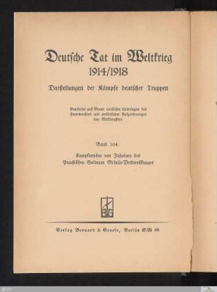 Titelblatt der Reihe - Deutsche Tat im Weltkrieg 1914/1918
