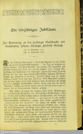 Ein 100jähriges Jubiläum. Zur Erinnerung an den Freiberger Buchdrucker und Buchhändler Johann Christoph Friedrich Gerlach, geb. 15. November 1756. gest. 24. September 1820