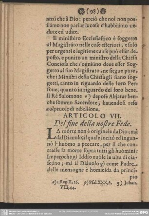 Articolo VII. Del fine della nostre Fede