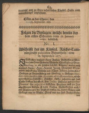 No. I. Abschrifft des im Käyserl. Reichs-Cammergericht publicirten Beyurtheils/ vom 28. Septembris 1677.