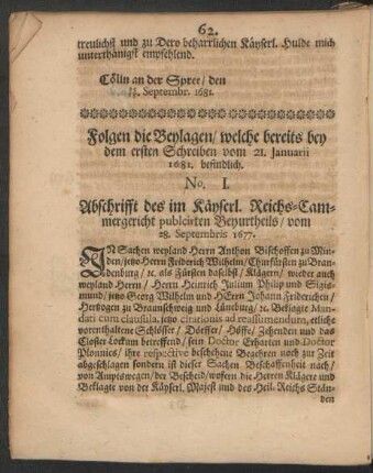 No. I. Abschrifft des im Käyserl. Reichs-Cammergericht publicirten Beyurtheils/ vom 28. Septembris 1677.