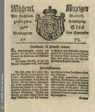 32tes Stueck, Dienstags den 8ten September 1772