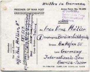 Vordruck-Postkarte aus einem britischen Kriegsgefangenenlager - Personenkonvolut