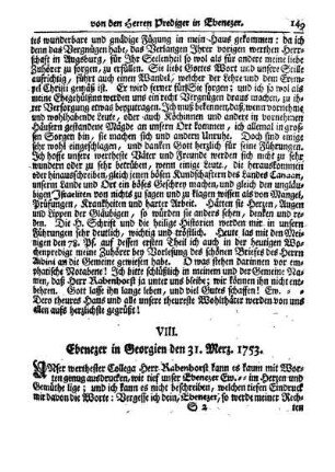 VIII. Ebenezer in Georgien den 31. Merz. 1753