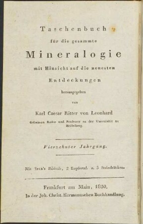 14.1820: Taschenbuch für die gesammte Mineralogie mit Hinsicht auf die neuesten Entdeckungen