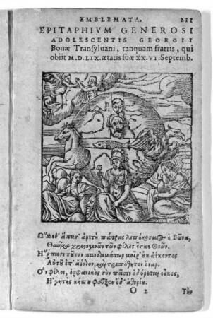 Epitaphium generosi adolescentis Gerorgi bonae transyluani, tanquam fratris, qui obiit M.D.LIX. aetatis suae XX.VI. Septemb.