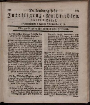 XXXVIII. Stück. Sonnabends: den 18. September 1779.